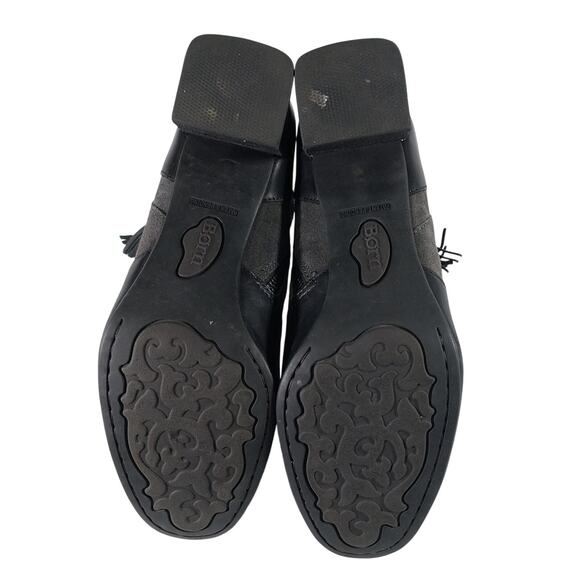 BORN! BLACK GENUINE LEATHER & GRAY SUEDE ANKLE HARNESS CHUNKY HEEL BOOTS! SZ 9M - Picture 10 of 11